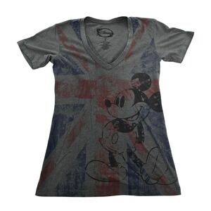 Disney Mickey Mouse Union Jack Flag Gray V-Neck‎ Tee Women's S Distressed